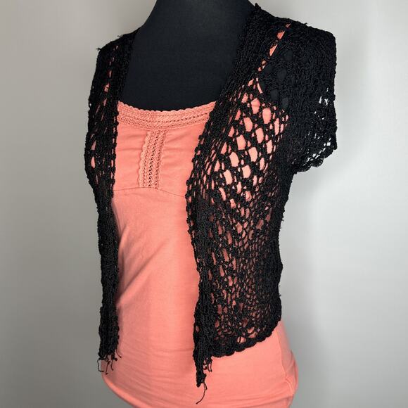 VTG Y2k BCBG Maxazria Loose Knit Crochet Short Cardigan Size L Black Whimsigoth - Picture 1 of 9